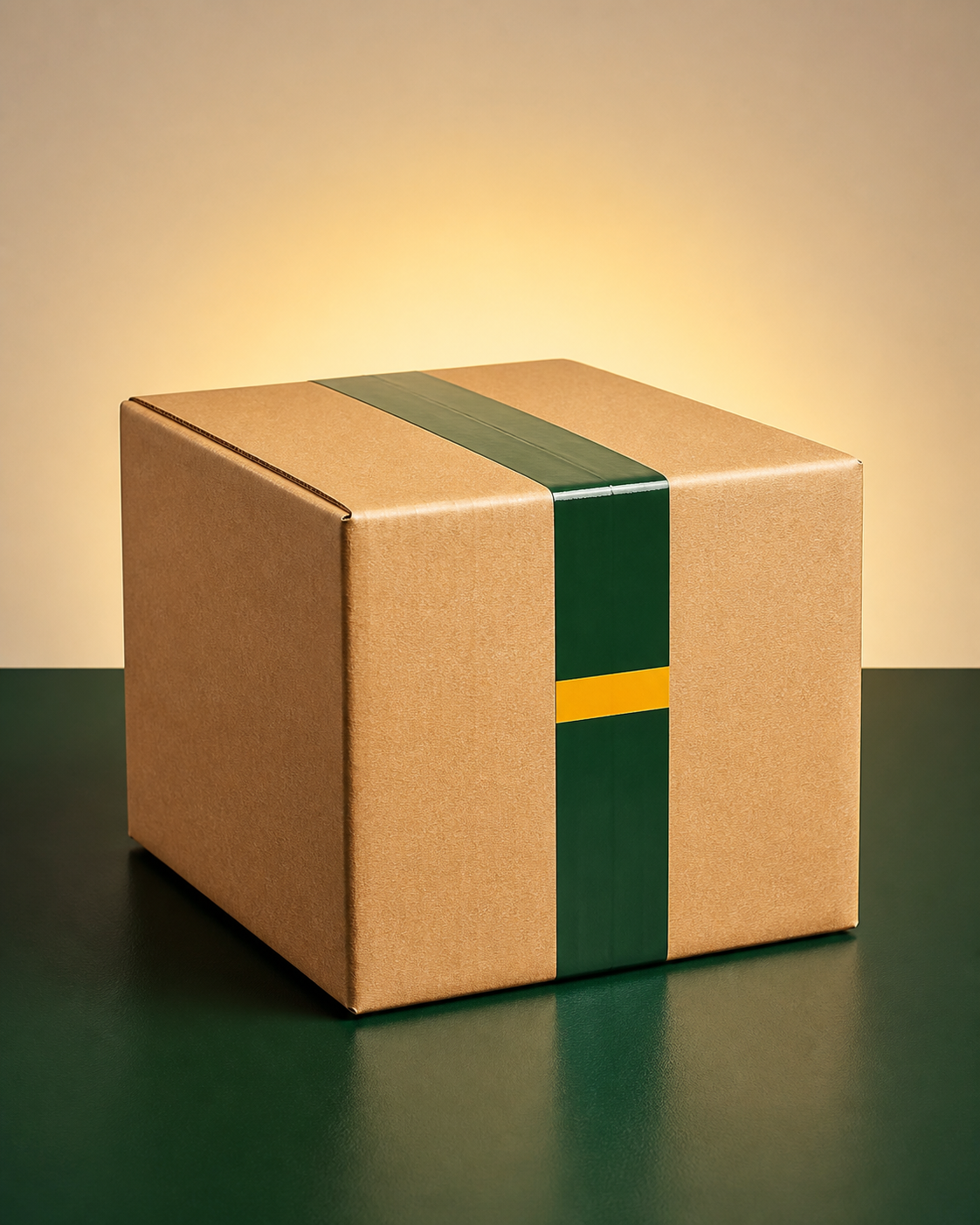 Securely sealed package box with green and yellow accents